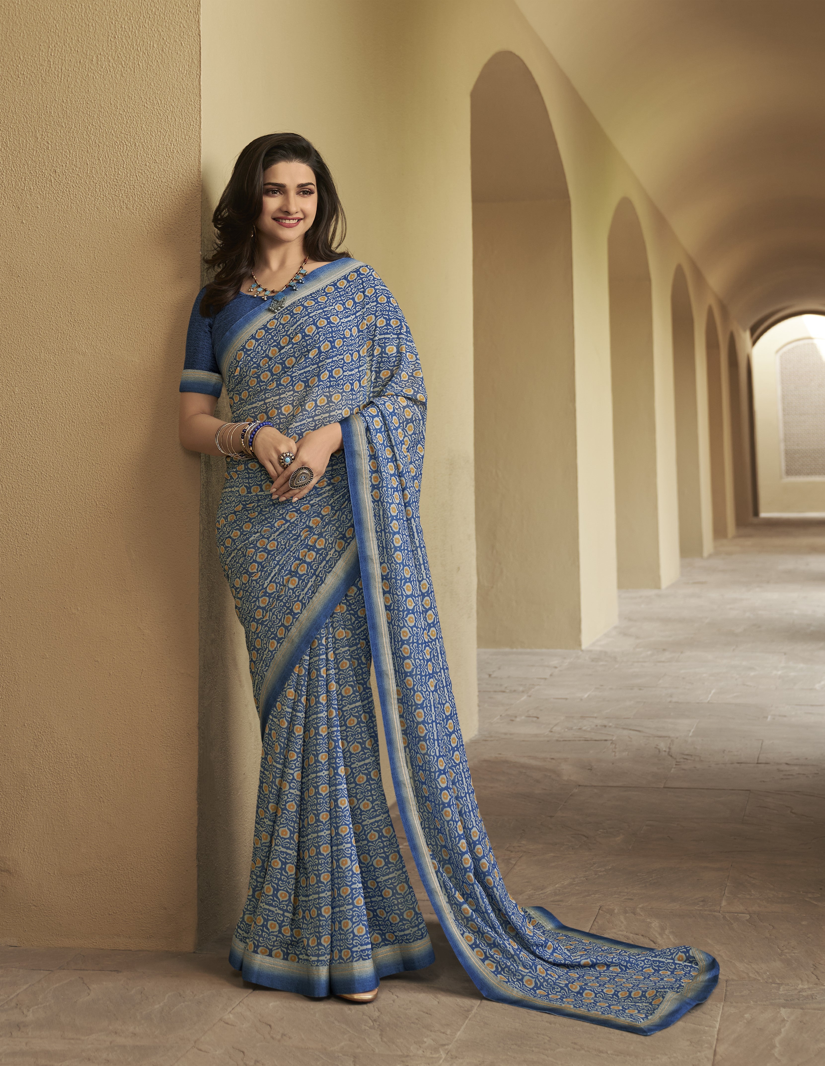 Vsaree Blue Malai Silk Saree And Printed Pallu & Contrast Border With Malai Silk Blouse For Women