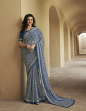 Vsaree Blue Malai Silk Saree And Printed Pallu & Contrast Border With Malai Silk Blouse For Women