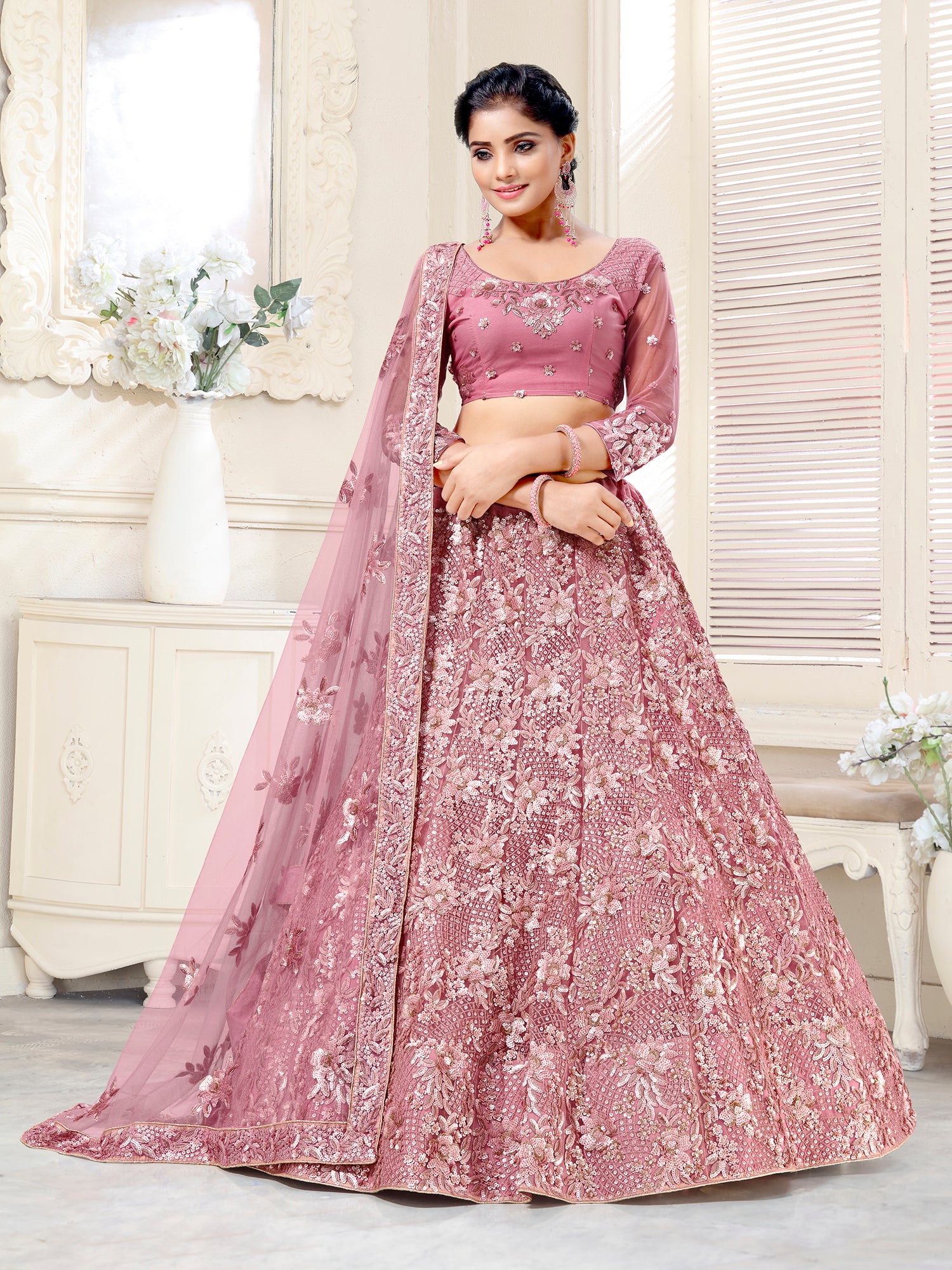 WOMEN'S PINK BRIDAL NET MULTI SEQUINS AND THREAD EMBROIDERED LEHENGA CHOLI