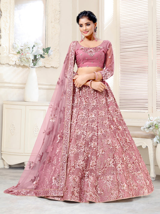 WOMEN'S PINK BRIDAL NET MULTI SEQUINS AND THREAD EMBROIDERED LEHENGA CHOLI