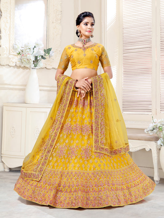 WOMEN'S YELLOW BRIDAL NET DORI AND THREAD EMBROIDERED WITH DIAMOND WORK LEHENGA CHOLI