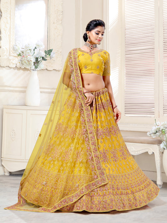 WOMEN'S YELLOW BRIDAL NET DORI AND THREAD EMBROIDERED WITH DIAMOND WORK LEHENGA CHOLI