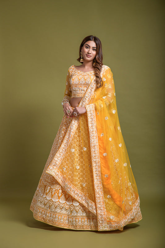 WOMEN'S YELLOW BRIDAL NET SEQUINS EMBROIDERED WITH VISCOUS KANTHA THREAD WORK LEHENGA CHOLI