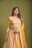 WOMEN'S YELLOW BRIDAL NET SEQUINS EMBROIDERED WITH VISCOUS KANTHA THREAD WORK LEHENGA CHOLI