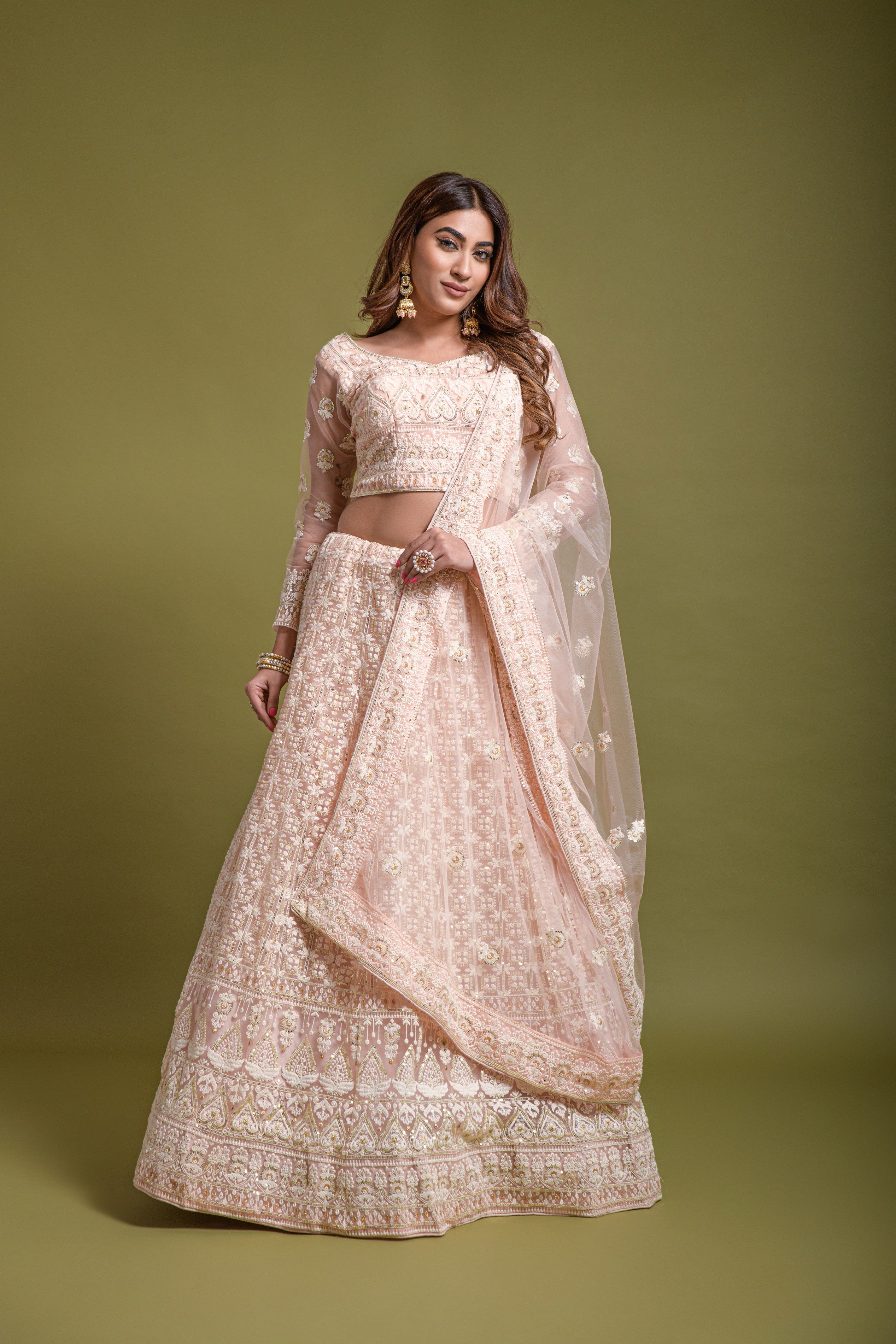 WOMEN'S PEACH BRIDAL NET SEQUINS EMBROIDERED WITH VISCOUS KANTHA THREAD WORK LEHENGA CHOLI