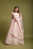 WOMEN'S PEACH BRIDAL NET SEQUINS EMBROIDERED WITH VISCOUS KANTHA THREAD WORK LEHENGA CHOLI