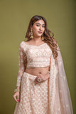 WOMEN'S PEACH BRIDAL NET SEQUINS EMBROIDERED WITH VISCOUS KANTHA THREAD WORK LEHENGA CHOLI