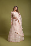 WOMEN'S PEACH BRIDAL NET SEQUINS EMBROIDERED WITH VISCOUS KANTHA THREAD WORK LEHENGA CHOLI