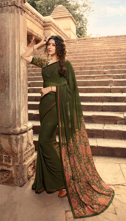 Vsaree Dark Green Georgette Printed Saree And Designer Border With Georgette Bouse For Women