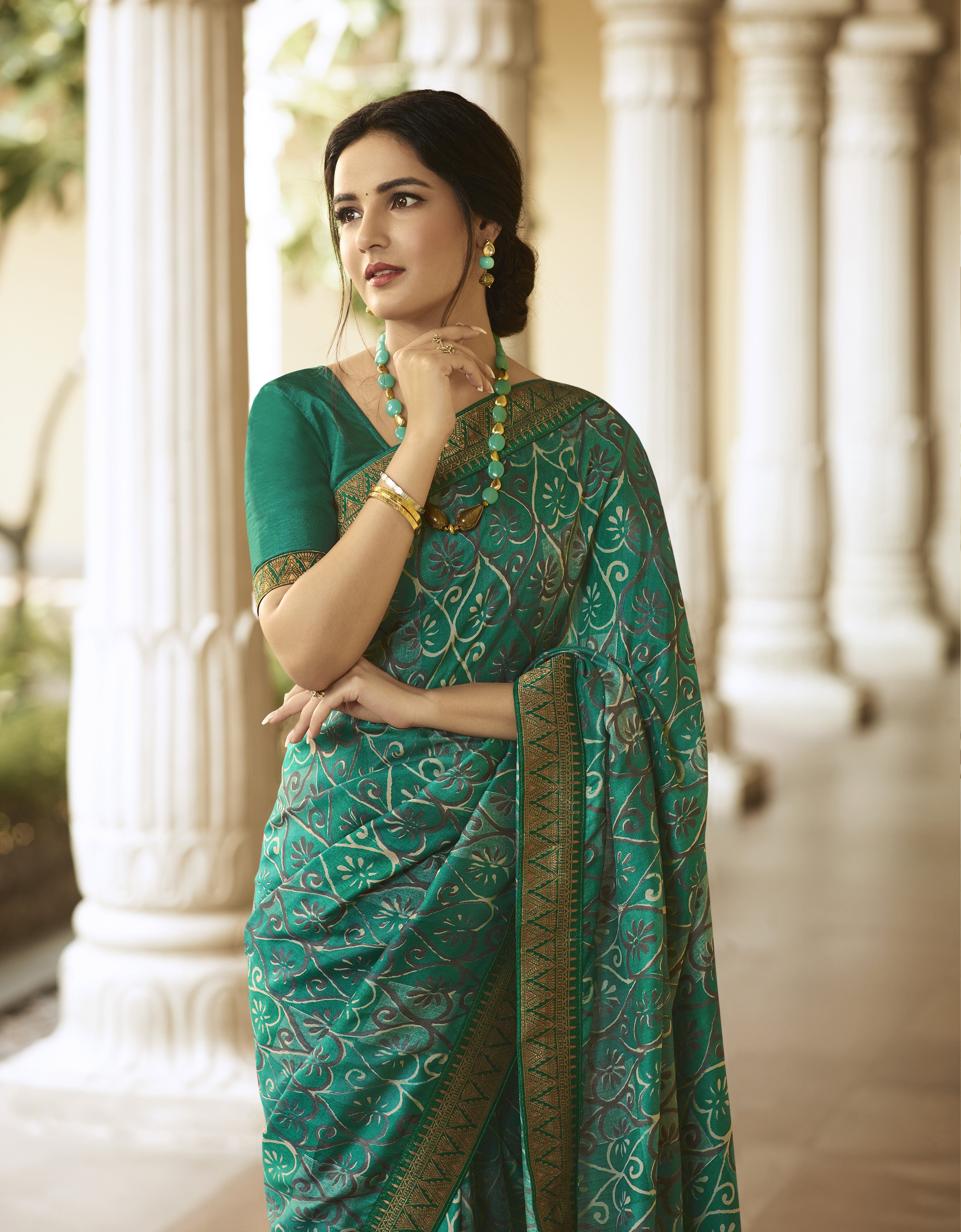 Vsaree Dark Teal Banglori Printed Pallu And Designer Border Saree With Banglori Blouse For Women