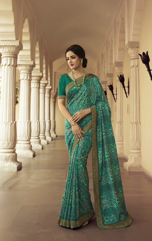 Vsaree Dark Teal Banglori Printed Pallu And Designer Border Saree With Banglori Blouse For Women