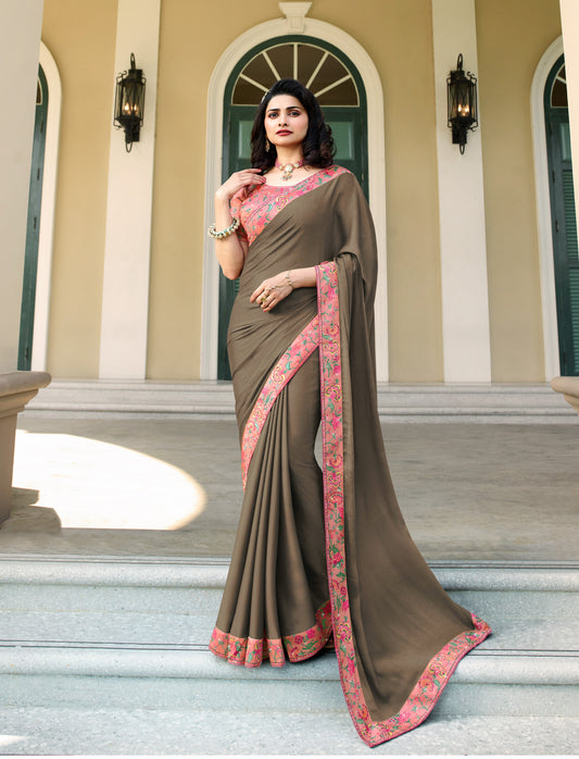 Vsaree Grey Satin Banglori Printed And Designer Border Saree With Banglori Blouse For Women