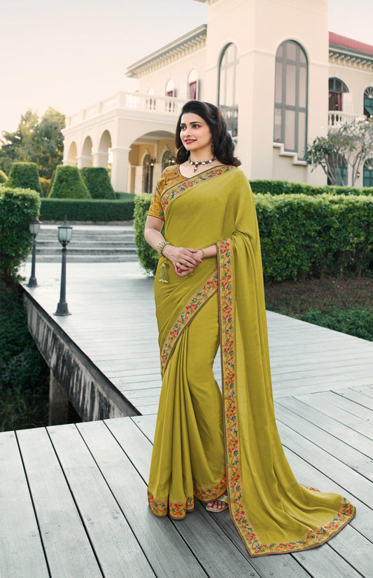 Vsaree Lemon Satin Banglori Printed And Designer Border Saree With Banglori Blouse For Women