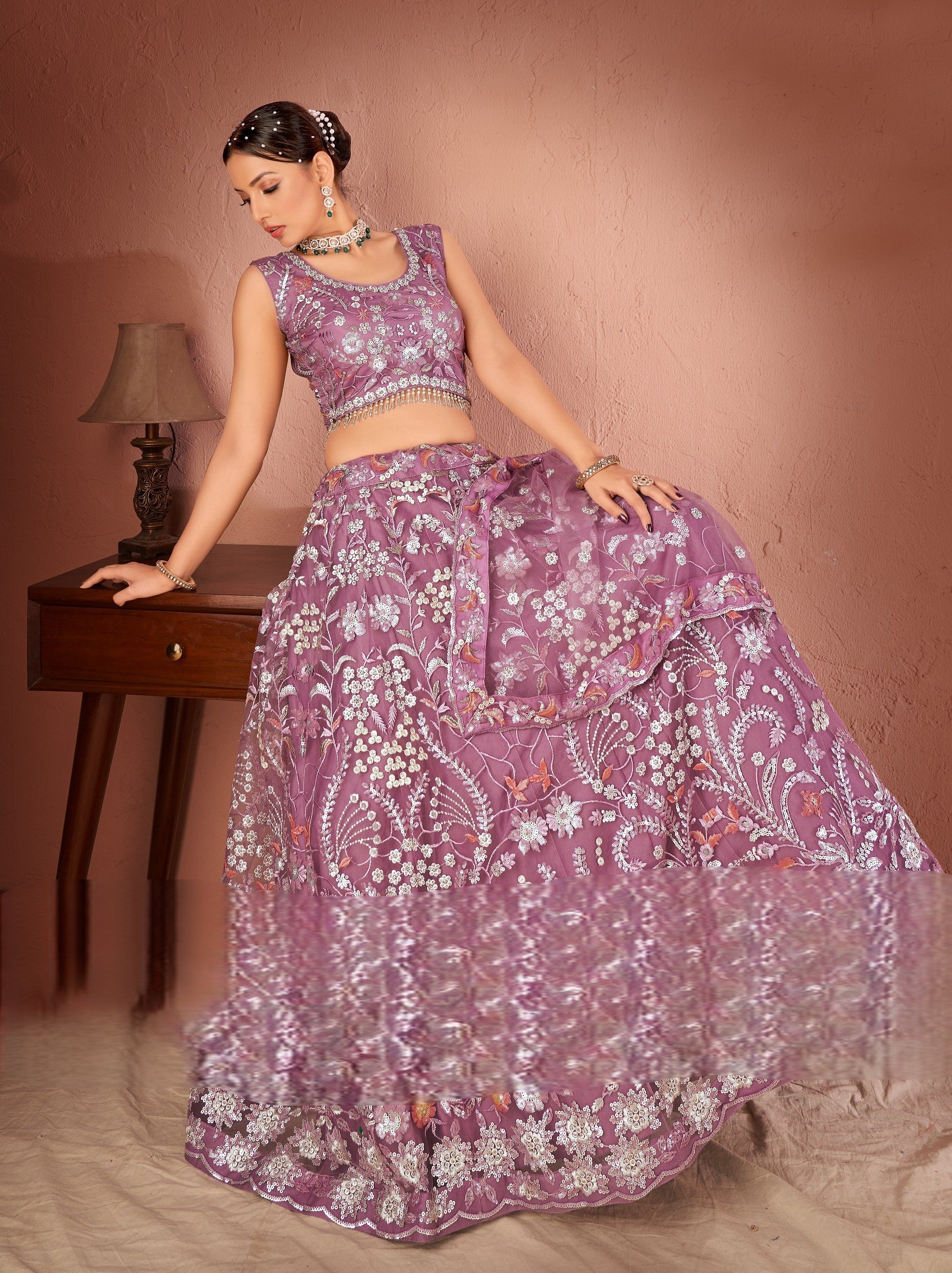 WOMEN'S LAVENDER PREMIUM NET SEQUANCE AND MULTI THREAD WORK OCCASION WEAR LEHENGA CHOLI