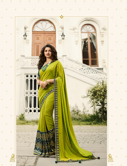 Vsaree Olive Banglori Printed And Designer Border Saree With Banglori Blouse For Women