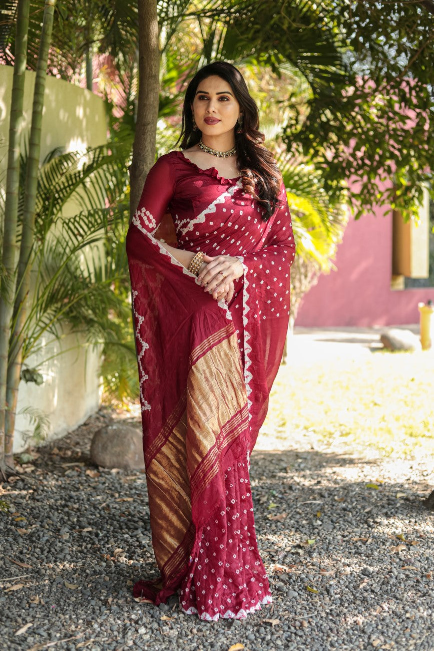 Indian Bandhej Silk Saree Wedding Party Clothing Trending Vsaree For Woman