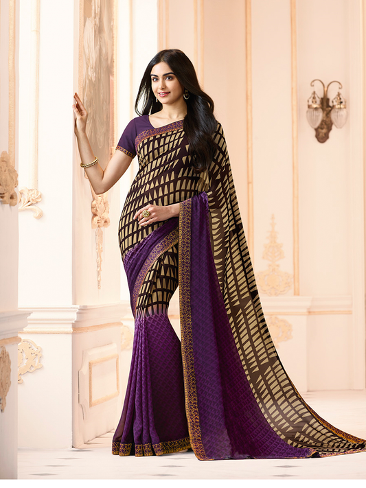 Vsaree Purple Georette Designer Saree And Printed Work Printed Rich Pallu With Blouse For Women