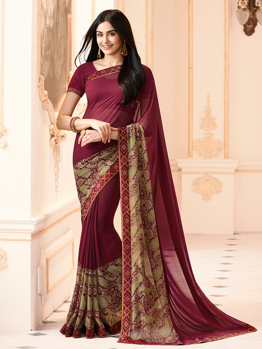 Vsaree Maroon Georette Designer Saree And Printed Work Printed Rich Pallu With Blouse For Women