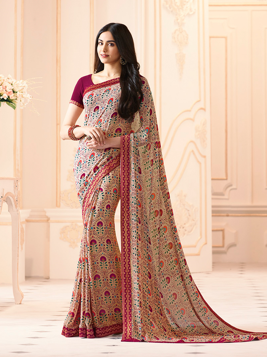 Vsaree Cream Flower  Georette Designer Saree And Printed Work Printed Rich Pallu With Blouse For Women