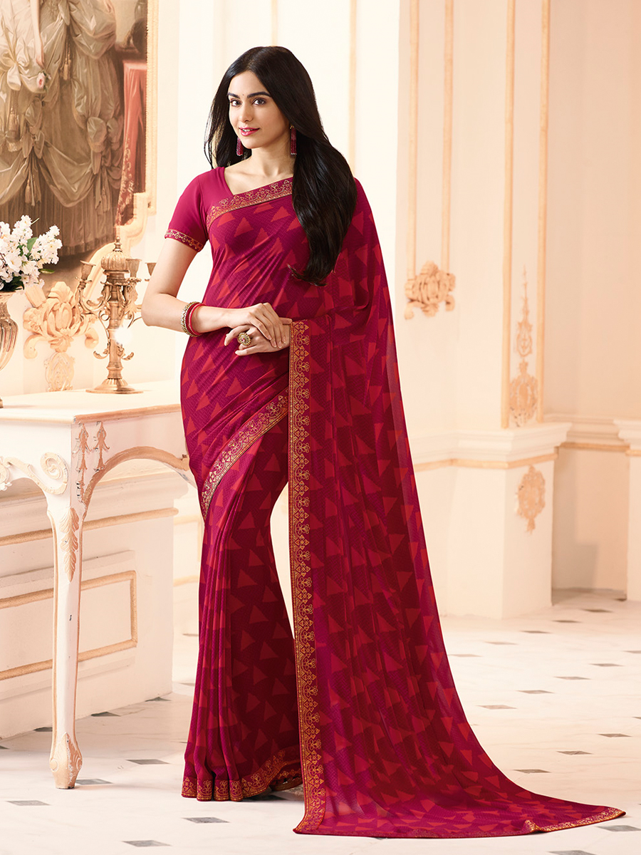 Vsaree Pink Georette Designer Saree And Printed Work Printed Rich Pallu With Blouse For Women