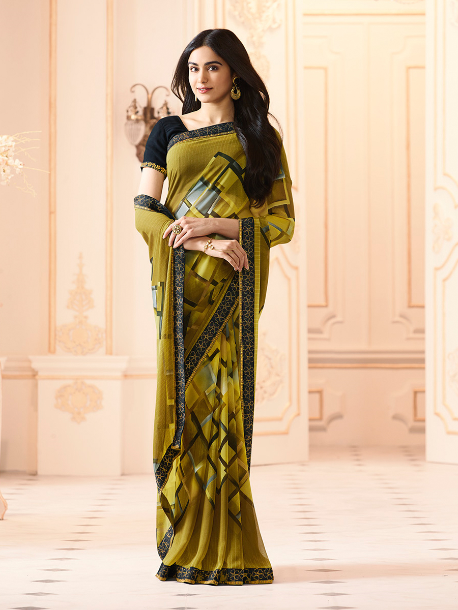 Vsaree Mehendi Georette Designer Saree And Printed Work Printed Rich Pallu With Blouse For Women