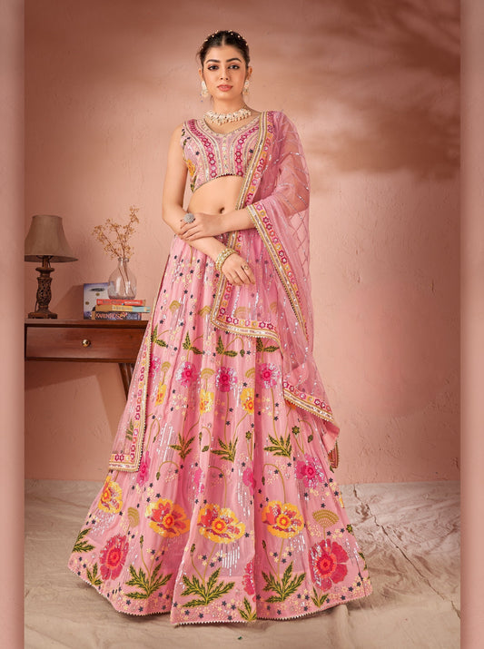 WOMEN'S PINK GEORGETTE PREMIUM SEQUANCE AND MULTI THREAD WORK OCCASION WEAR LEHENGA CHOLI