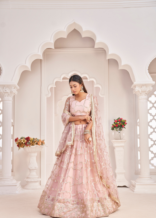 WOMEN'S BABY PINK BUTTERFLY NET EMBROIDERED THREAD WORK PARTY WEAR LEHENGA CHOLI