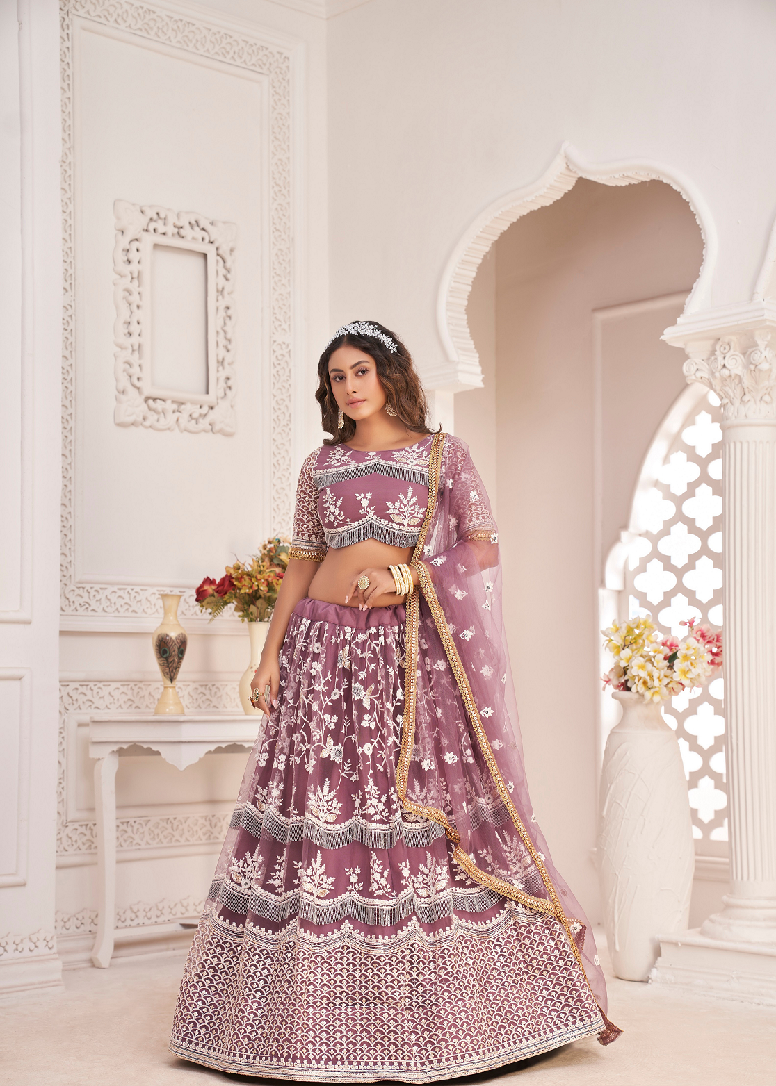 WOMEN'S ONION PINK BUTTERFLY NET EMBROIDERED THREAD WORK FESTIVALS LEHENGA CHOLI