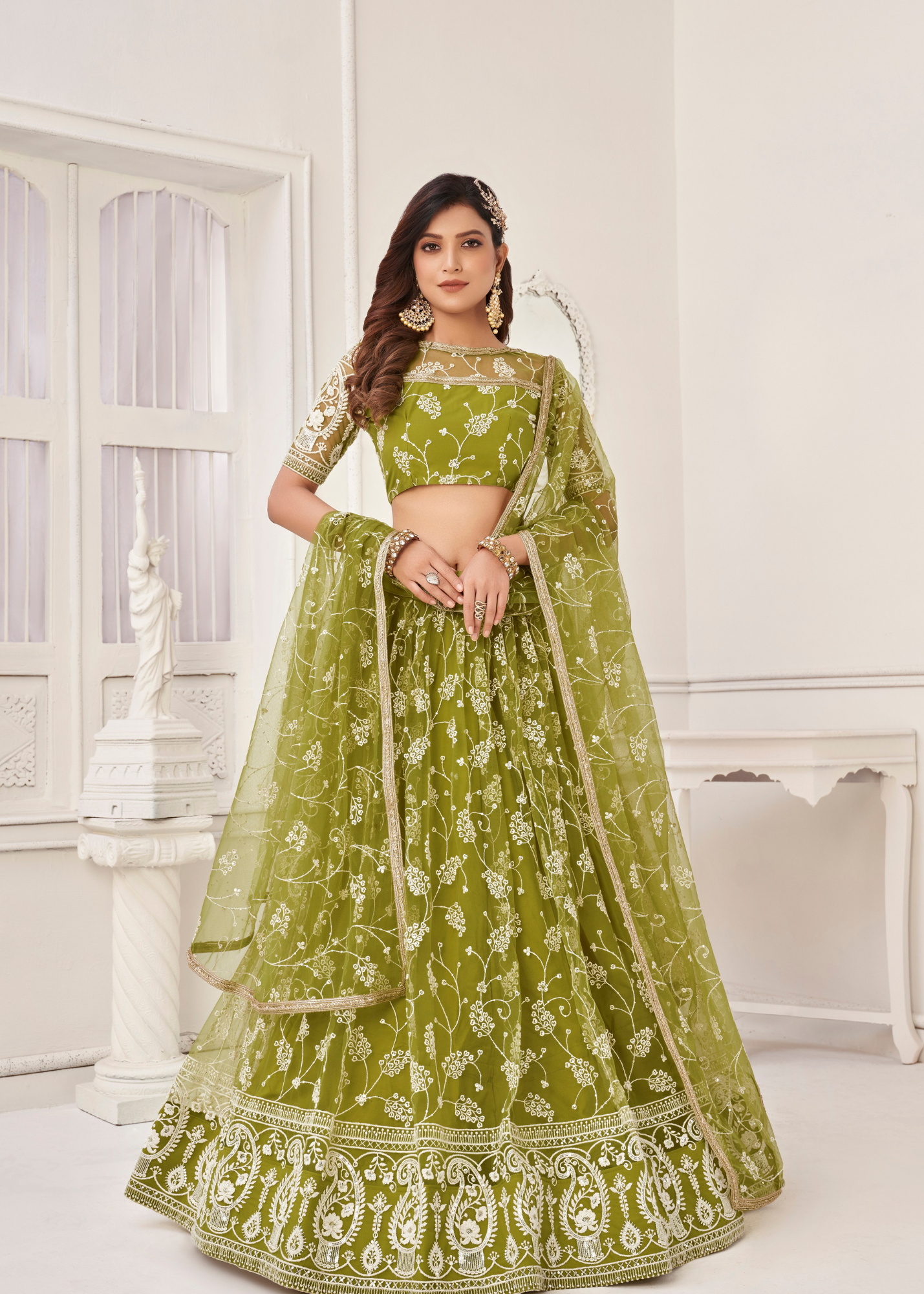 WOMEN'S OLIVE GREEN BUTTERFLY NET EMBROIDERED THREAD WORK PARTY WEAR LEHENGA CHOLI