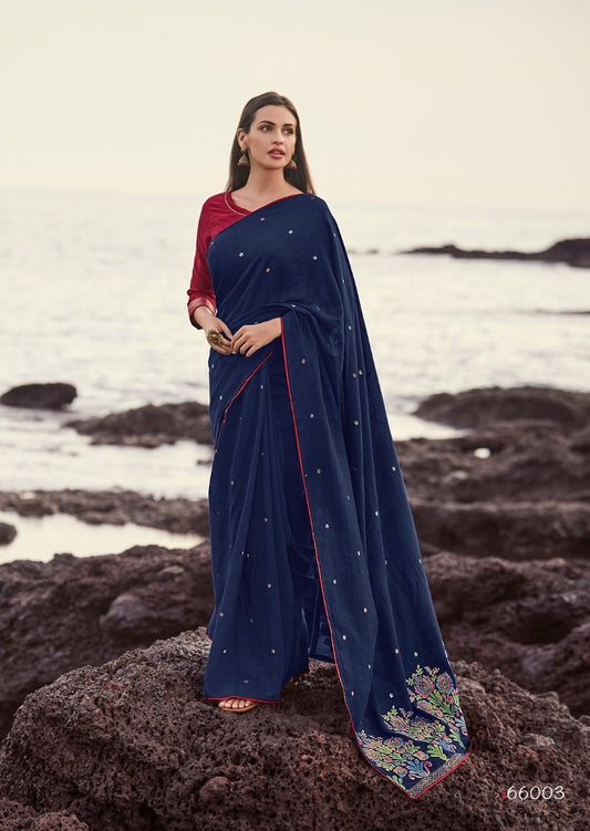 Vsaree Nevy Blue Cotton Jaquard Saree And Jaquard Work Pallu And Border With Jaquard Cotton Blouse For Women