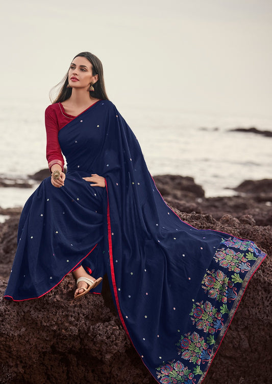 Vsaree Nevy Blue Cotton Jaquard Saree And Jaquard Work Pallu And Border With Jaquard Cotton Blouse For Women