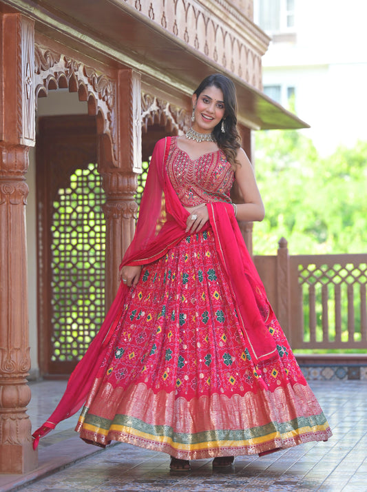 WOMEN'S PINK PATOLA AND BANDHANI PRINT WITH HANDWORK LEHENGA CHOLI