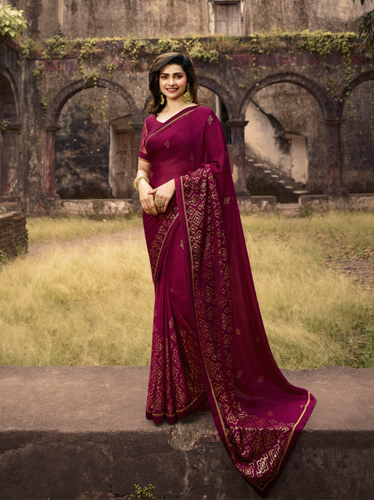 Vsaree Purple Silk And Printed Work Pallu And Border Saree With Banglory Blouse For Women