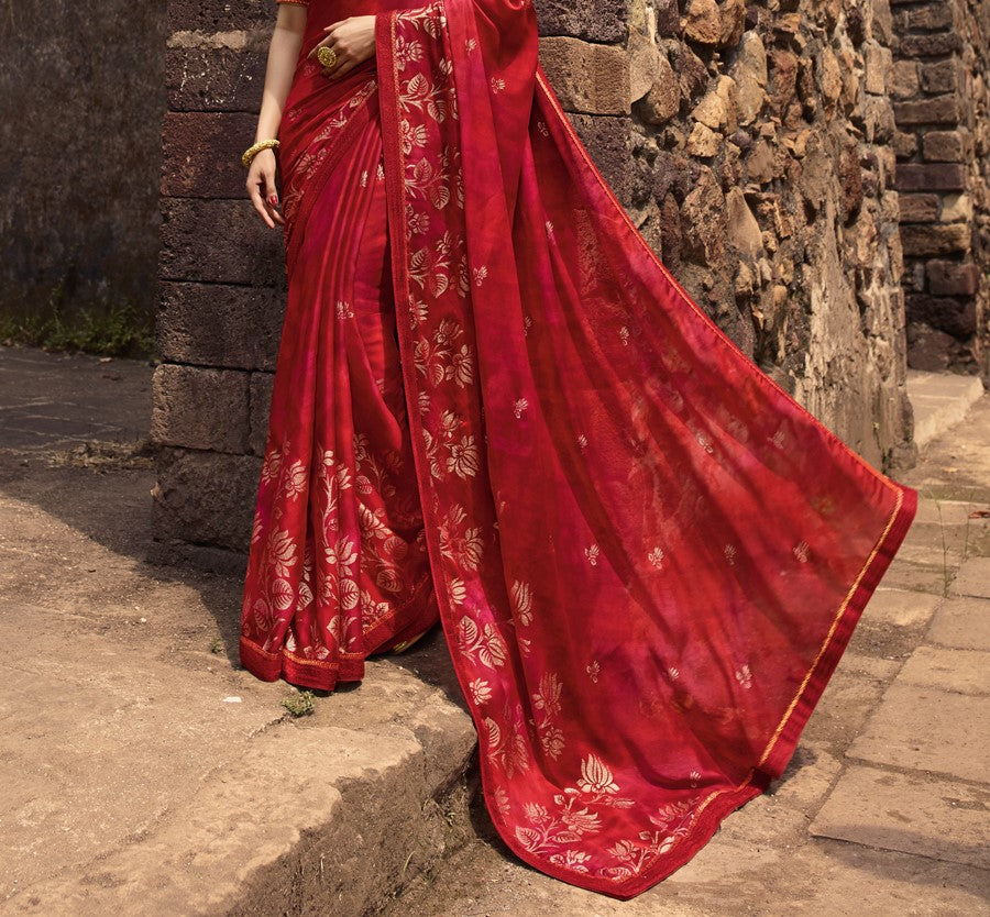 Vsaree Red Silk And Printed Work Pallu And Border Saree With Banglory Blouse For Women