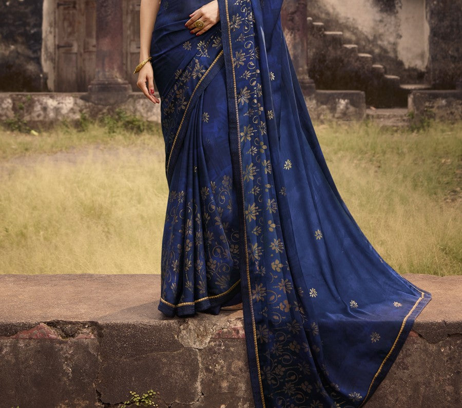 Vsaree Royal Blue Silk And Printed Work Pallu And Border Saree With Banglory Blouse For Women