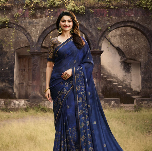 Vsaree Royal Blue Silk And Printed Work Pallu And Border Saree With Banglory Blouse For Women