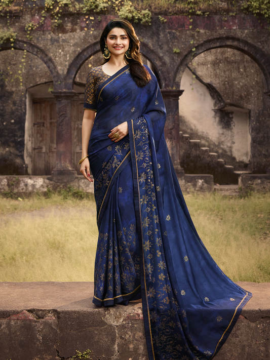 Vsaree Royal Blue Silk And Printed Work Pallu And Border Saree With Banglory Blouse For Women