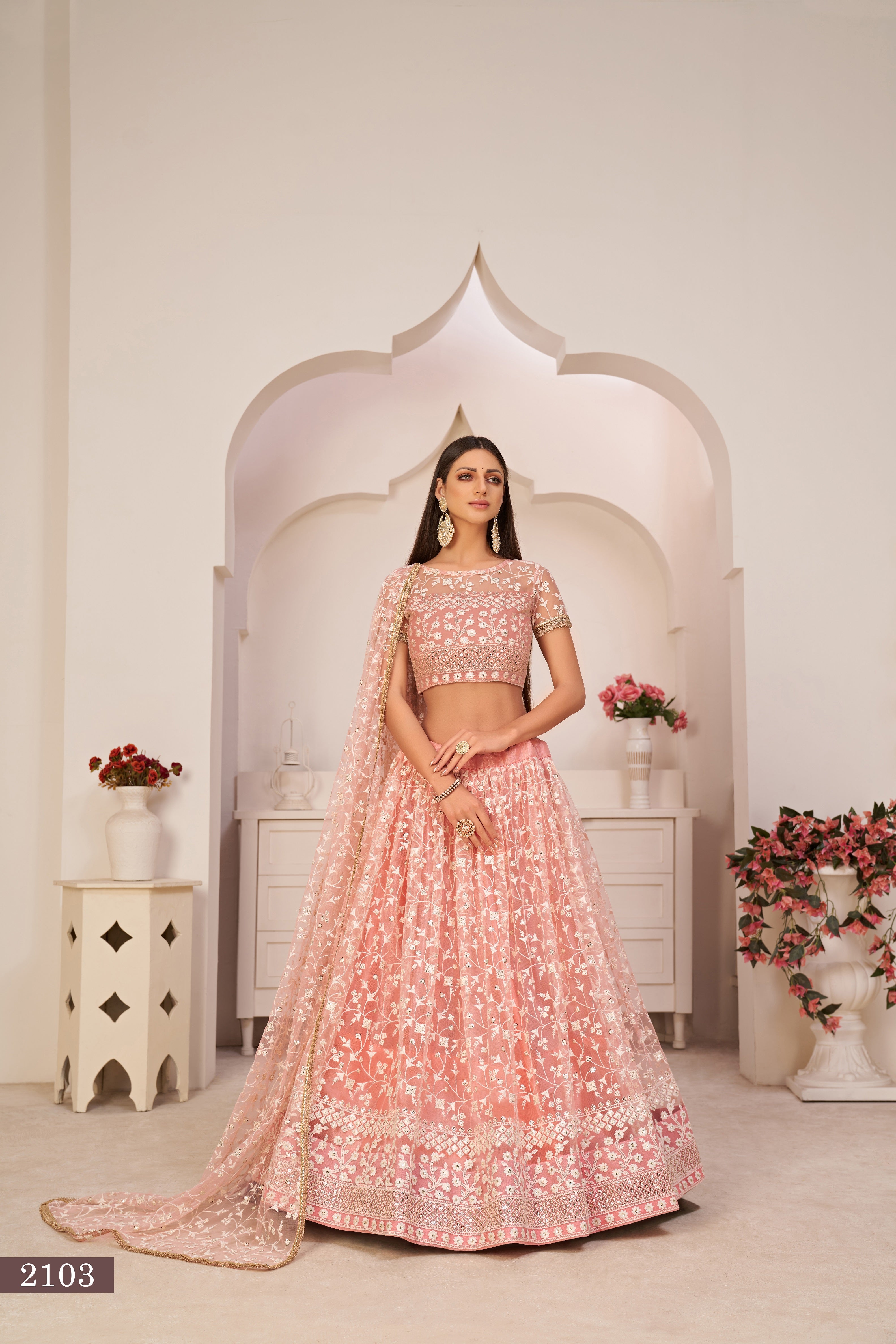 WOMEN'S LIGHT PINK BUTTERFLY NET EMBROIDERED THREAD WORK PARTY WEAR LEHENGA CHOLI