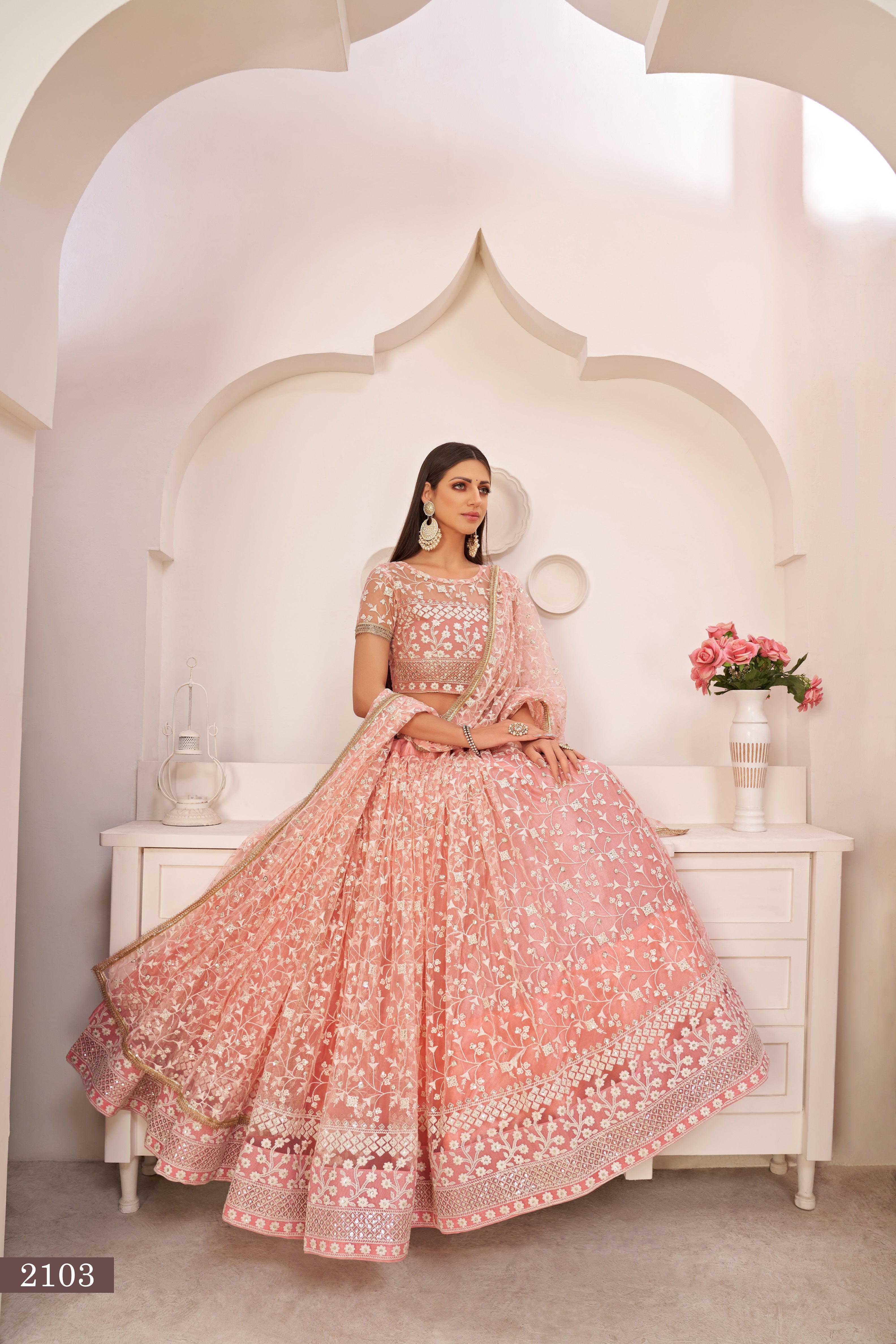 WOMEN'S LIGHT PINK BUTTERFLY NET EMBROIDERED THREAD WORK PARTY WEAR LEHENGA CHOLI