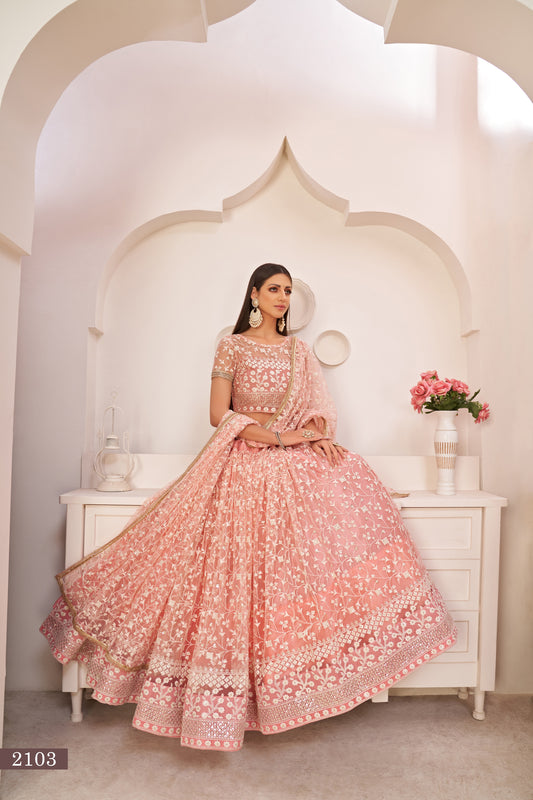 WOMEN'S LIGHT PINK BUTTERFLY NET EMBROIDERED THREAD WORK PARTY WEAR LEHENGA CHOLI