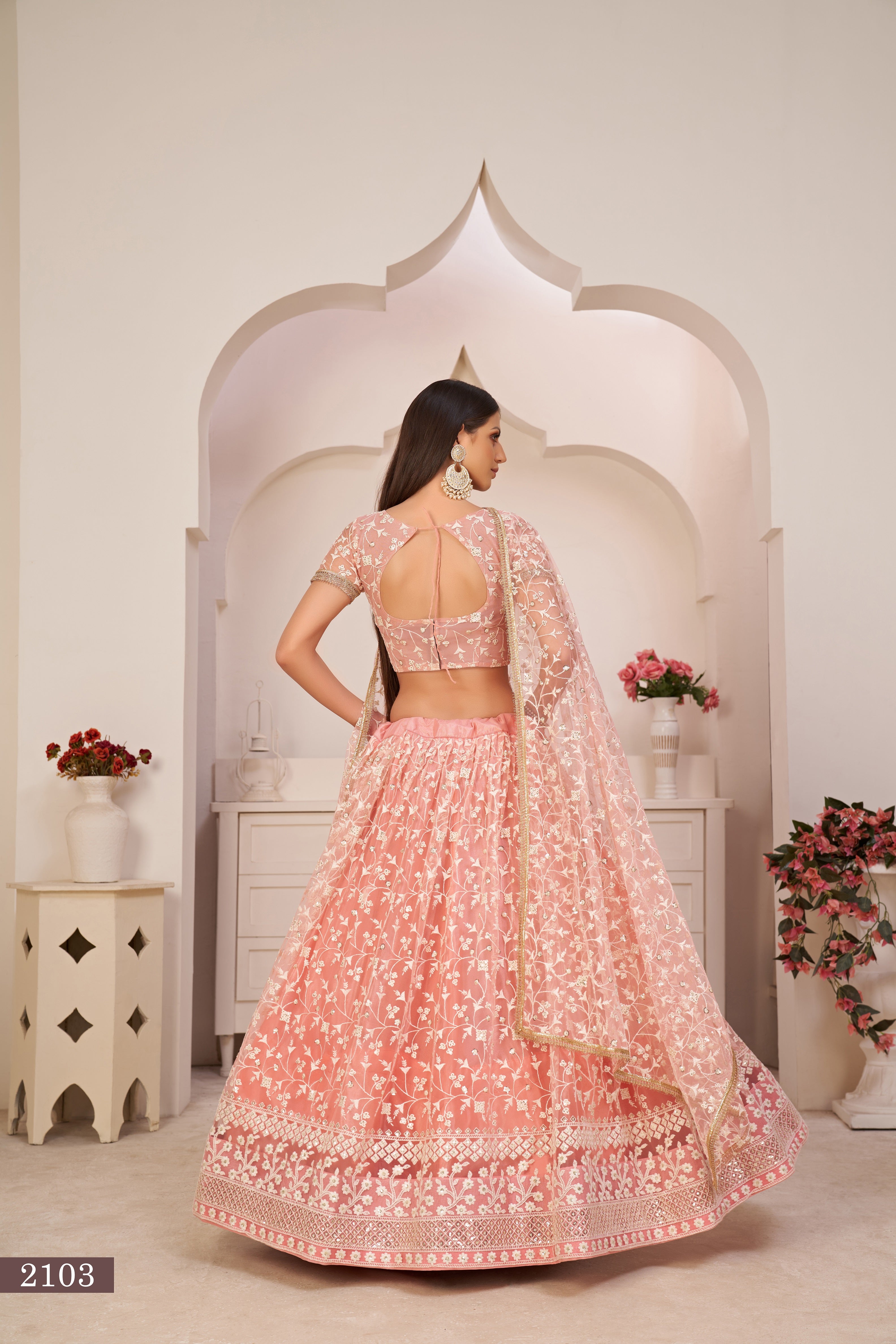 WOMEN'S LIGHT PINK BUTTERFLY NET EMBROIDERED THREAD WORK PARTY WEAR LEHENGA CHOLI