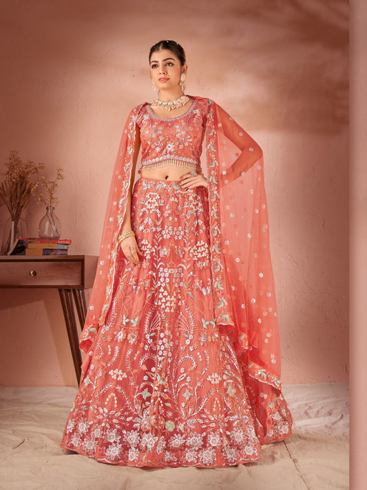 WOMEN'S PEACH PREMIUM NET SEQUANCE AND MULTI THREAD WORK OCCASION WEAR LEHENGA CHOLI