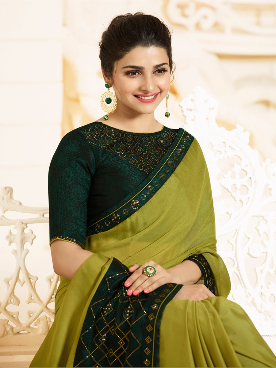 Vsaree Olive Green Silk Stone Work And Contrast Rich Pallu With Banglory Blouse Piece For Women