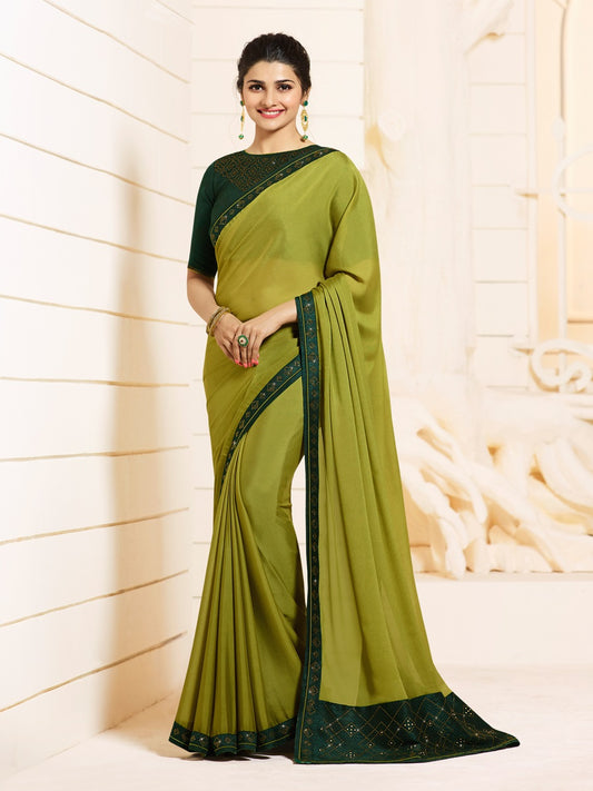 Vsaree Olive Green Silk Stone Work And Contrast Rich Pallu With Banglory Blouse Piece For Women