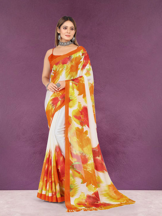 Vsaree Orange Banglori Foil Printed Pallu And Less Border Saree With Banglori Blouse