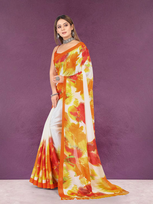 Vsaree Orange Banglori Foil Printed Pallu And Less Border Saree With Banglori Blouse