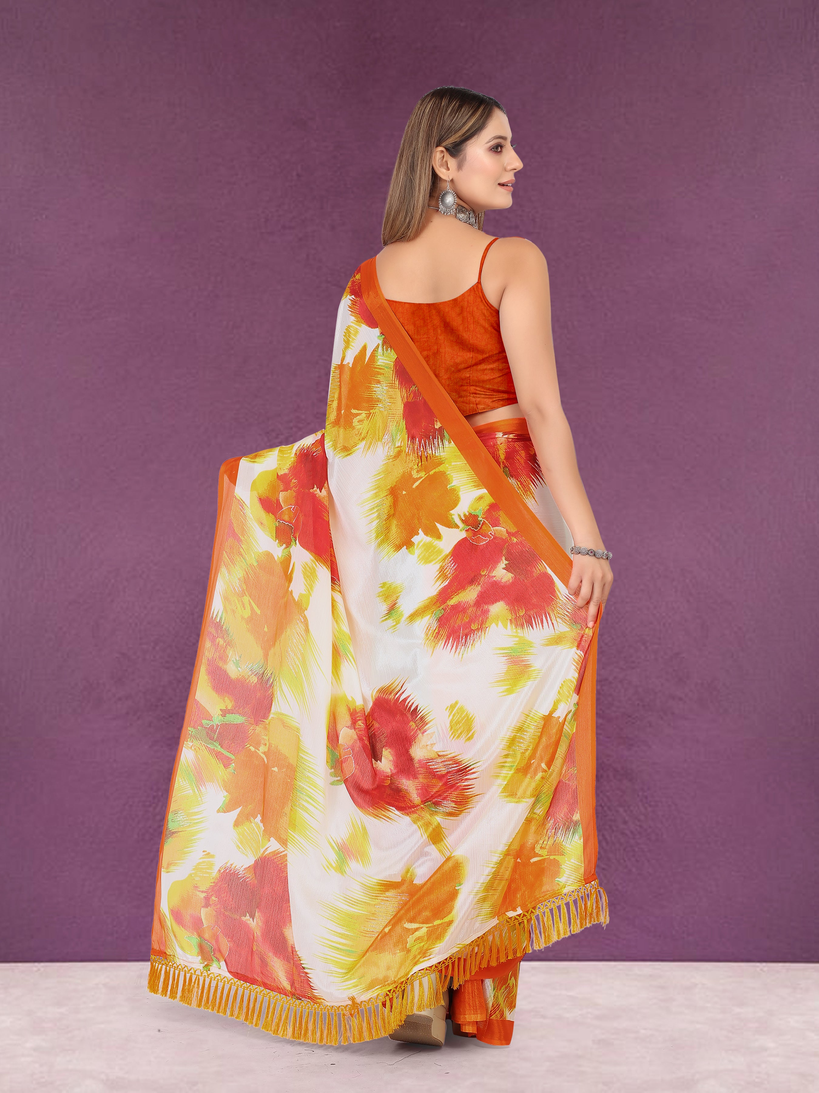 Vsaree Orange Banglori Foil Printed Pallu And Less Border Saree With Banglori Blouse