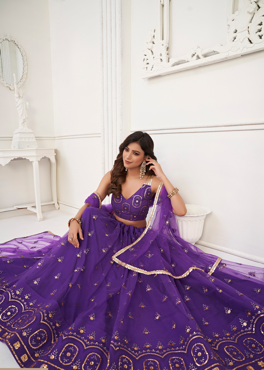 WOMEN'S WOMEN'S PURPLE BUTTERFLY NET EMBROIDERED THREAD WORK DESIGNER LEHENGA CHOLI