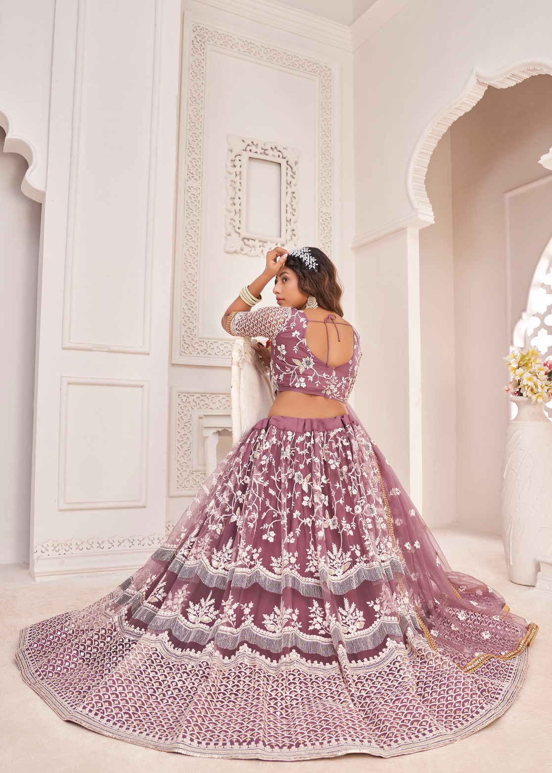 WOMEN'S ONION PINK BUTTERFLY NET EMBROIDERED THREAD WORK FESTIVALS LEHENGA CHOLI