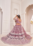 WOMEN'S ONION PINK BUTTERFLY NET EMBROIDERED THREAD WORK FESTIVALS LEHENGA CHOLI